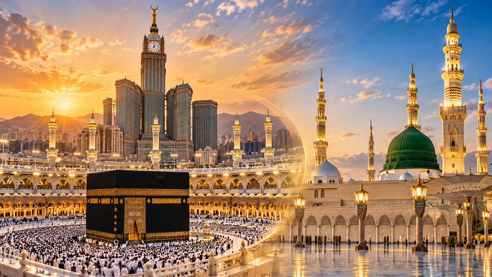 Masjid al-Haram in Makkah and Masjid an-Nabawi in Madinah at sunset